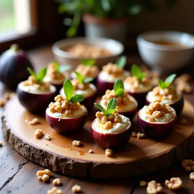 Bandeja de madera rústica con rollitos de higo fresco rellenos de queso de cabra griego cremoso y nueces tostadas, decorados con hojas de menta y rociados con vinagre balsámico. Aperitivo griego gourmet con texturas contrastantes y colores vibrantes.