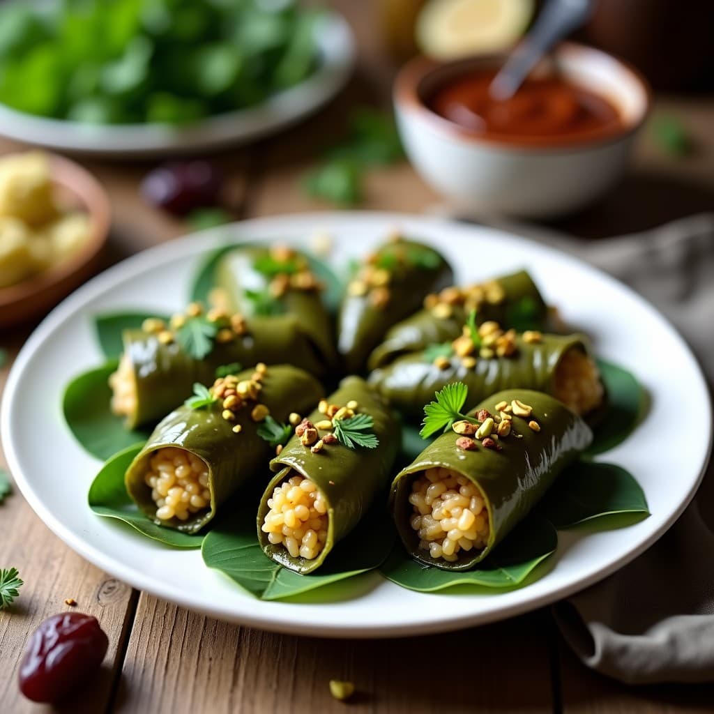 Plato blanco con rollitos de hoja de parra rellenos de arroz basmati y dátiles, decorados con hierbas frescas y pistachos picados, servidos sobre una base de hojas verdes. Receta iraní vegana al vapor.
