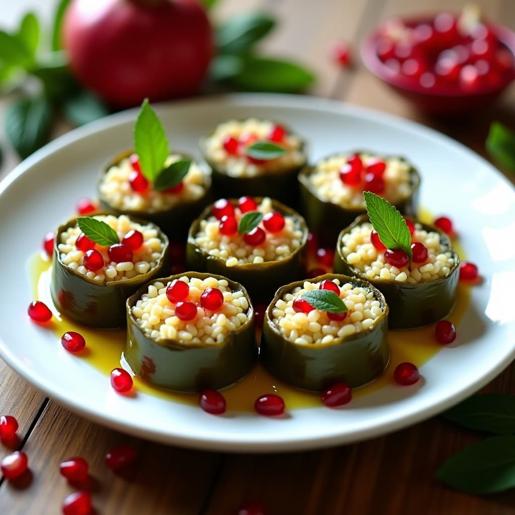 Plato blanco con rollitos de hoja de parra rellenos de arroz basmati y granadas, decorados con semillas rojas y hojas de menta fresca. Receta turca vegana y fresca.