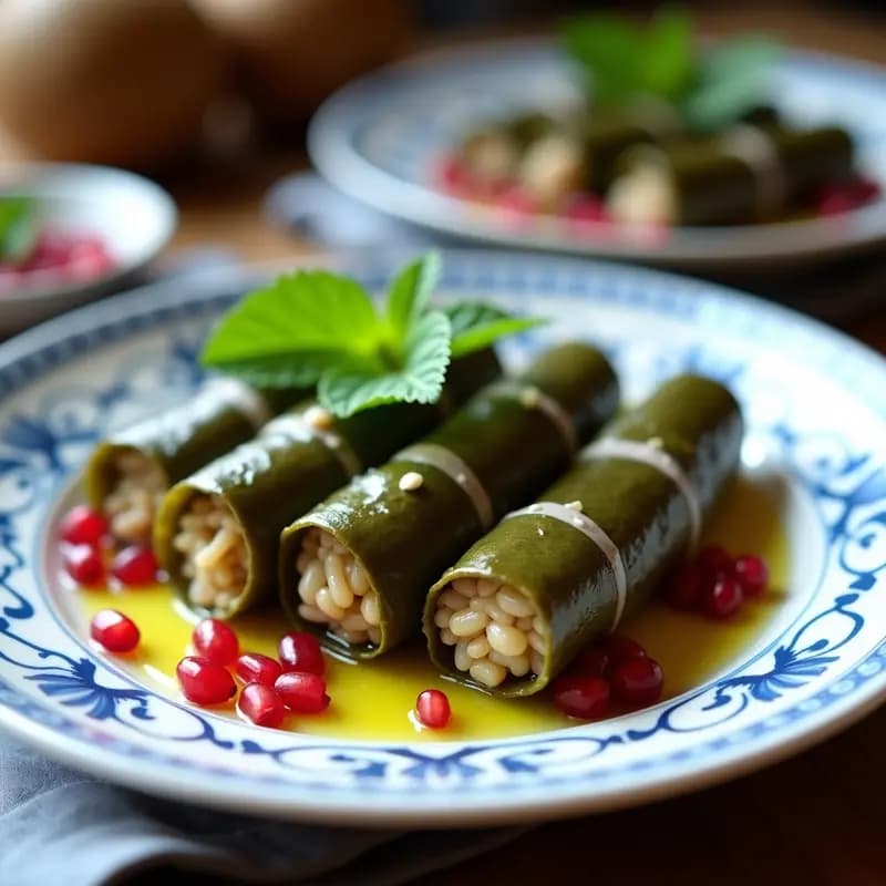 Rollitos de hoja de parra rellenos de arroz silvestre y granados, dispuestos en un plato de cerámica blanca con decoración georgiana, acompañados de semillas de granado y hojas de menta fresca.