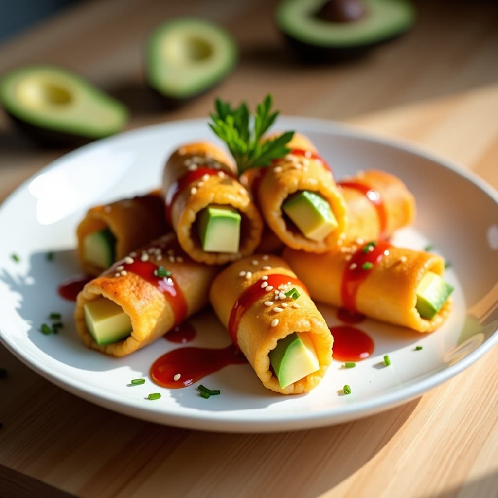 Rollitos dorados y crujientes de huevo rellenos de aguacate cremoso, servidos en plato blanco con salsa sriracha y semillas de sésamo. Receta en airfryer alta en proteína.