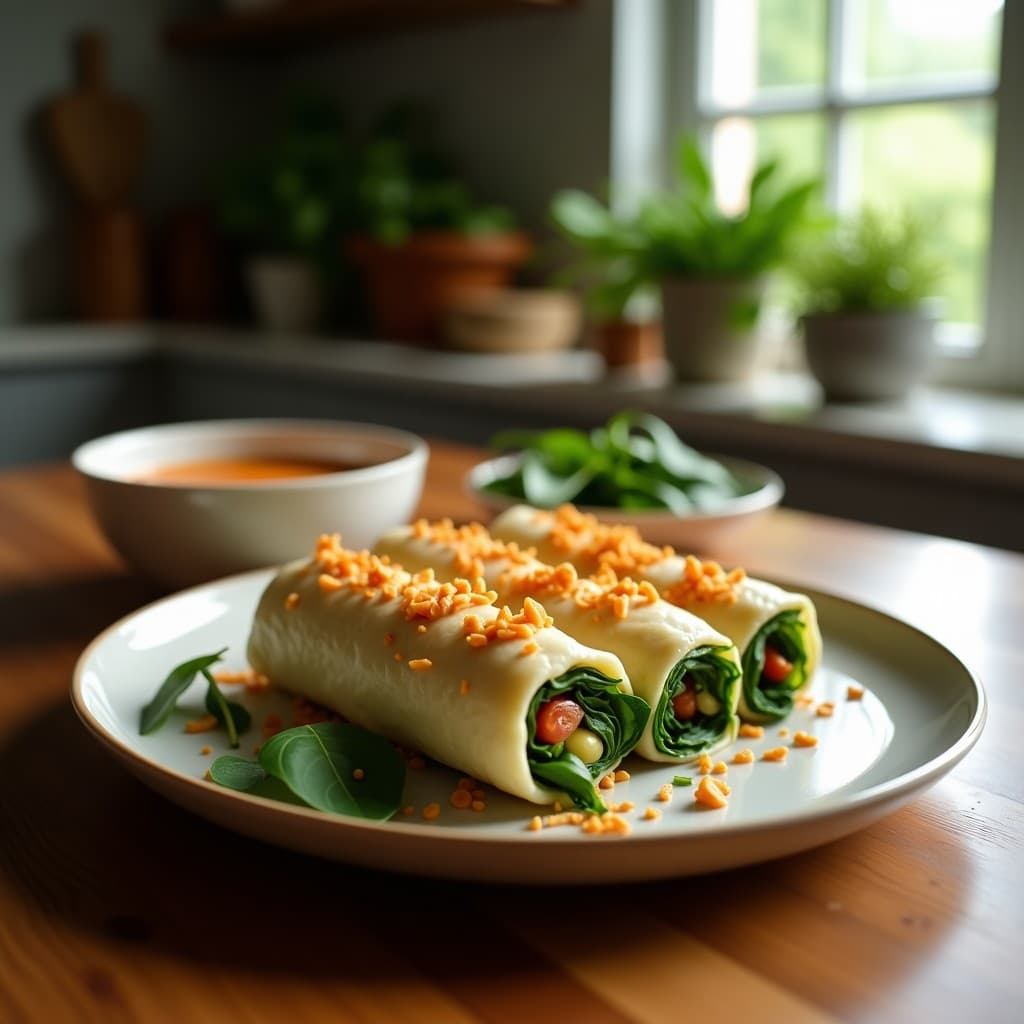 Plato blanco con rollitos de papel de arroz rellenos de espinacas, zanahoria y pimiento rojo, bañados en salsa de cacahuete cremosa y decorados con semillas de sésamo. Receta tailandesa sin gluten de rollitos de leche de coco y espinacas.