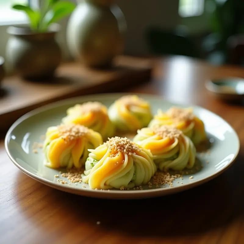 Rollitos de leche de coco y mango con cobertura de matcha servidos en plato blanco, decorados con coco rallado y hojas de menta. Postre japonés fácil y colorido.