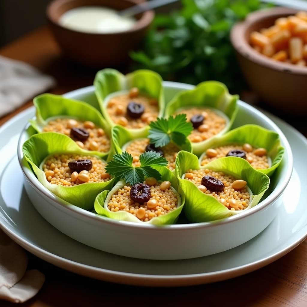 Fuente de horno blanca con rollitos de lechuga romana rellenos de arroz basmati dorado y pasas, horneados hasta dorar ligeramente los bordes. Acompañados de hierbas frescas y piñones tostados, con un fondo rústico de madera.