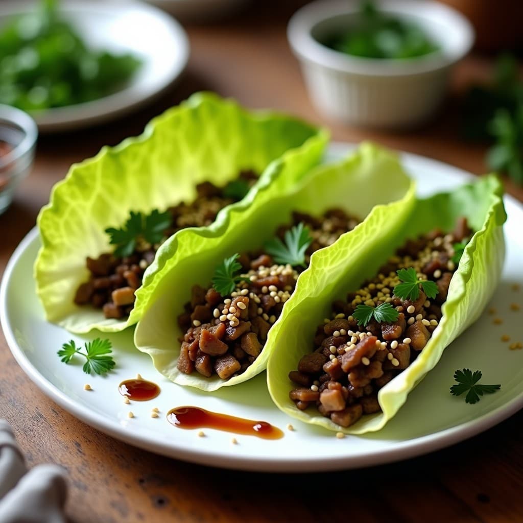 Rollitos de lechuga romana fresca rellenos de arroz salvaje y champiñones Portobello, dorados en airfryer, servidos en un plato blanco con semillas de sésamo y perejil. Receta vegetariana crujiente y gourmet.