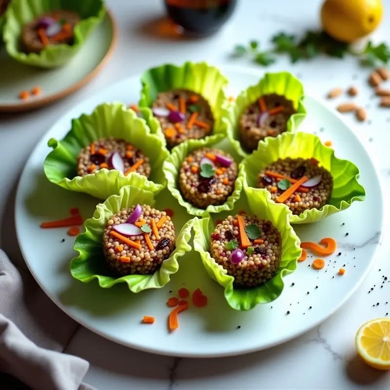 Rollitos de lechuga iceberg fresca rellenos de arroz salvaje, zanahoria rallada y apio, bañados en aceite de trufa negra. Plato elegante y crujiente con decoración de rodajas de limón y almendras picadas.