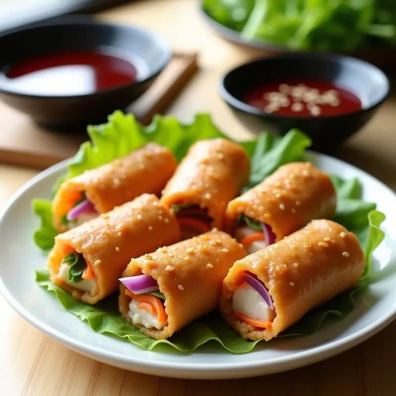 Rollitos de lechuga romana asada rellenos de pollo, zanahoria y cebolla, dorados en airfryer, servidos en plato blanco con salsa umeboshi oscura y semillas de sésamo espolvoreadas. Receta japonesa agridulce.