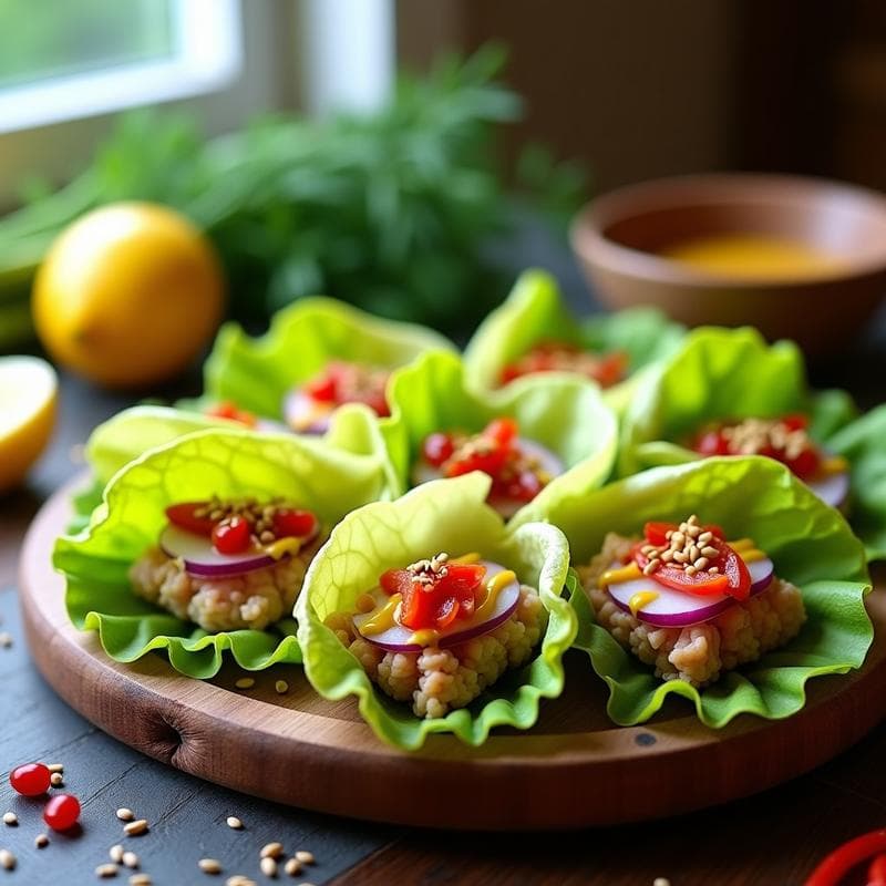 Rollitos de lechuga romana fresca rellenos de atún, queso fresco, cebolla morada y pimiento rojo, servidos en bandeja blanca con salsa de mostaza y miel dorada y decorados con hinojo picado.