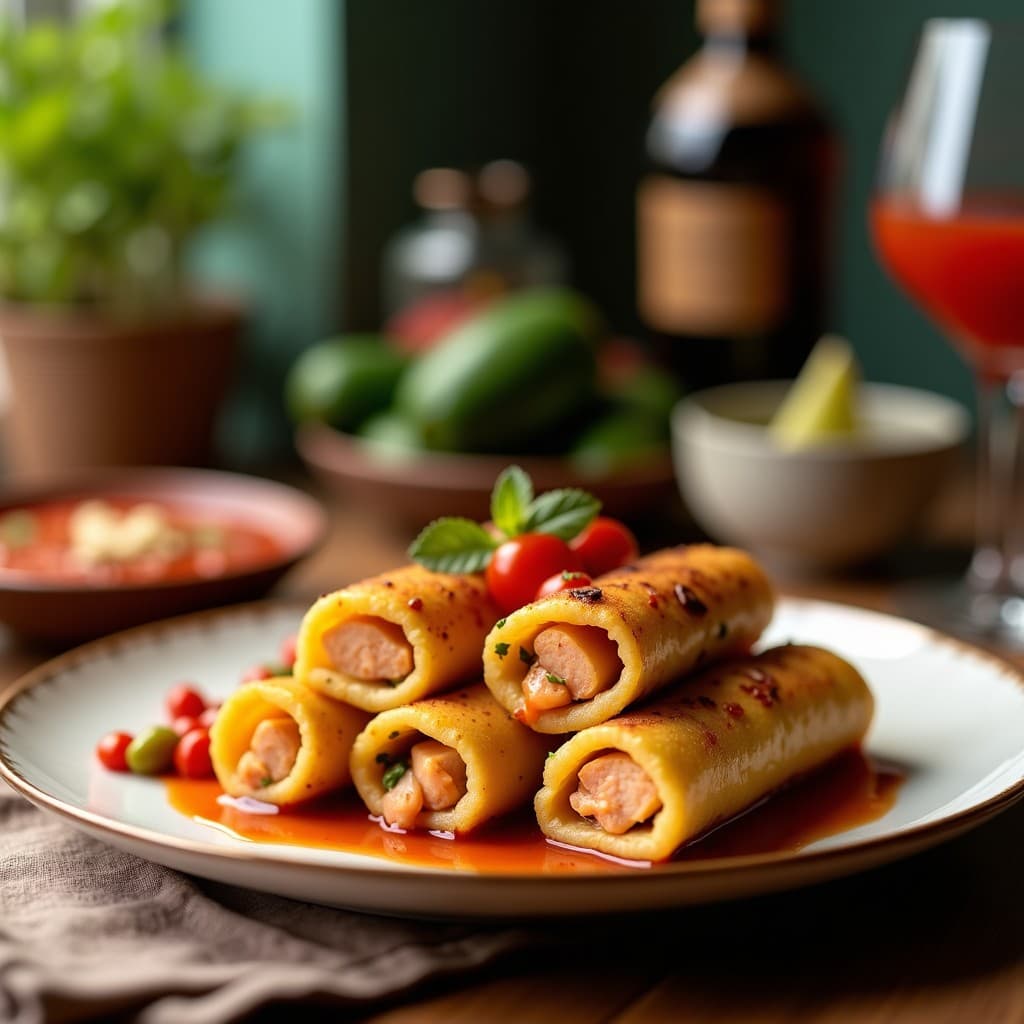 Plato blanco de cerámica con seis rollitos de lechuga romana rellenos de atún, pimiento asado rojo y aceitunas, decorados con pimentón dulce y aceite de oliva virgen extra. Fondo de mesa de madera rústica con hierbas frescas y limones cortados.