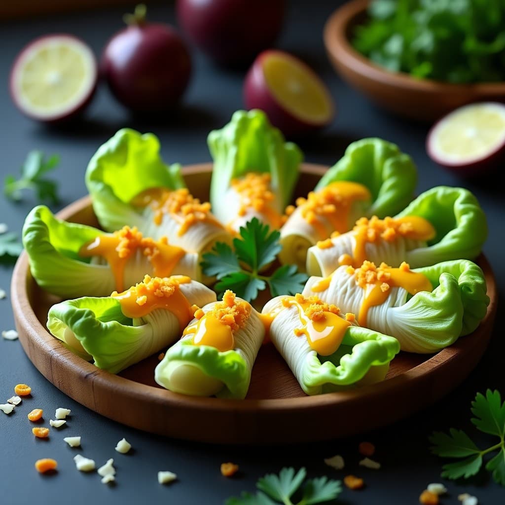 Rollitos de lechuga romana fresca rellenos de gamitana ahumada en tiras, decorados con virutas de coco tostado y aderezo de maracuyá amarillo brillante. Plato servido en una bandeja de madera rústica con hierbas frescas alrededor, representando un entrante amazónico sin gluten.