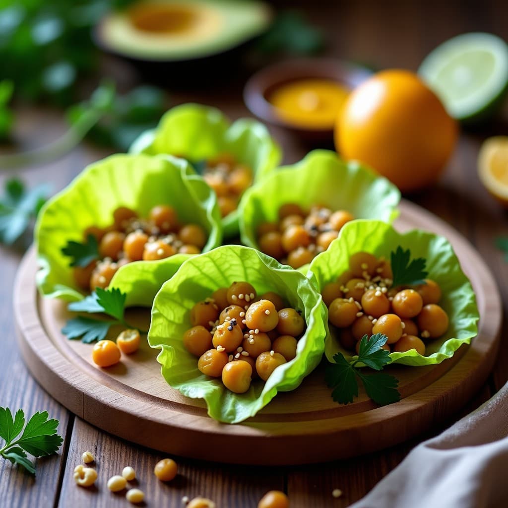 Rollitos de lechuga romana rellenos de garbanzos machacados, granadilla y ají amarillo, decorados con semillas de sésamo y cilantro fresco sobre una bandeja de madera rústica, receta peruana crudivegana.
