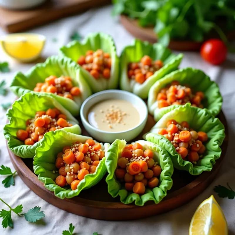 Bandeja de madera con rollitos de lechuga romana rellenos de garbanzos especiados y zanahoria, espolvoreados con sésamo tostado, aperitivo libanés crudivegano.