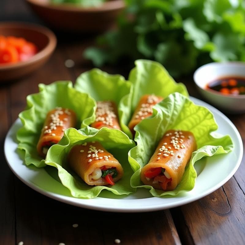 Rollitos de lechuga romana crujientes rellenos de hongos ostra y queso crema, dorados en airfryer, servidos en un plato blanco con semillas de sésamo y salsa de soja al lado. Receta vietnamita saludable y alta en proteína.