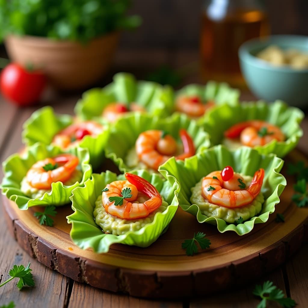 Rollitos de lechuga romana fresca rellenos de langostinos al ajillo dorados y aguacate cremoso, servidos en bandeja de madera con perejil picado y aceite de oliva. Entrante español sin gluten elegante y colorido.