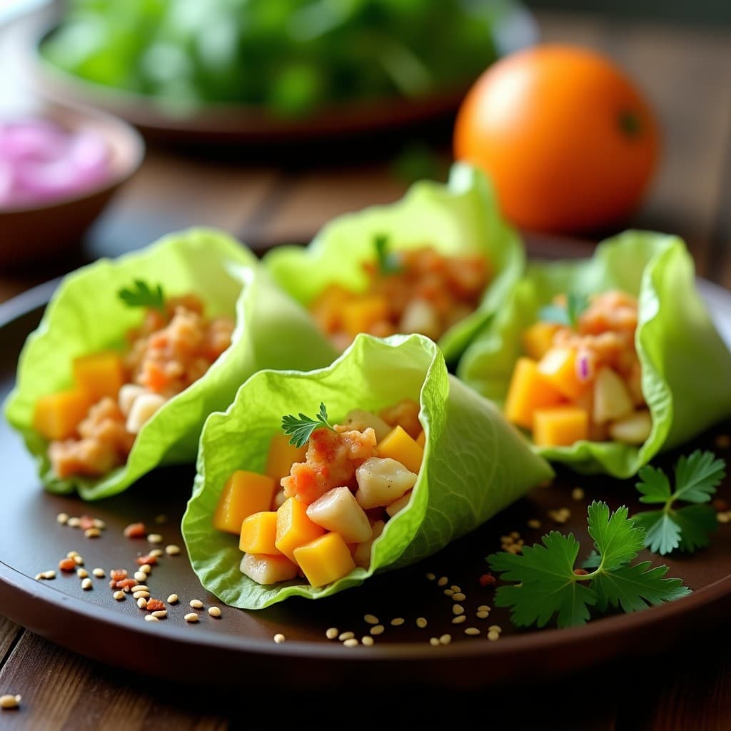 Rollitos de lechuga romana fresca rellenos de mango maduro en cubos y cangrejo marinado en naranja, decorados con sésamo tostado y cilantro. Plato vietnamita colorido y fresco servido en bandeja de madera.