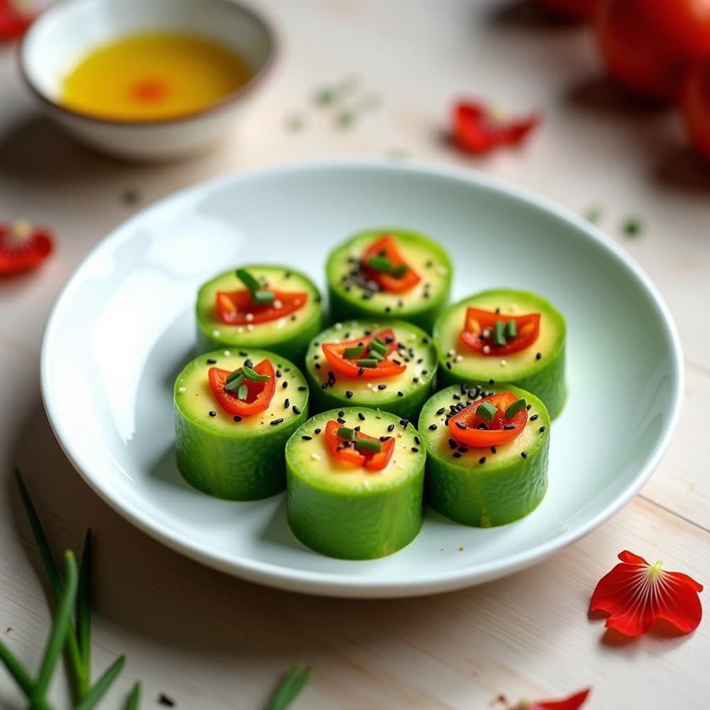 Plato blanco minimalista con rollitos de alga lechuza de mar rellenos de crema de aguacate y pimiento rojo, cortados en diagonal, acompañados de salsa de yuzu en un bol pequeño de cerámica. Decoración con semillas de sésamo negro y cebollino picado.
