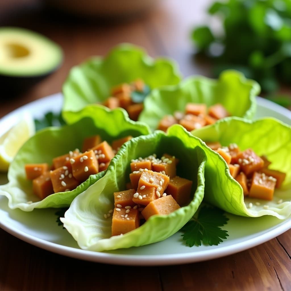 Rollitos de lechuga romana rellenos de pollo en trozos dorados y aguacate en láminas, espolvoreados con semillas de sésamo tostado, servidos en un plato blanco con decoración de cilantro fresco. Receta peruana sin harina en airfryer, crujiente y alta en proteína.