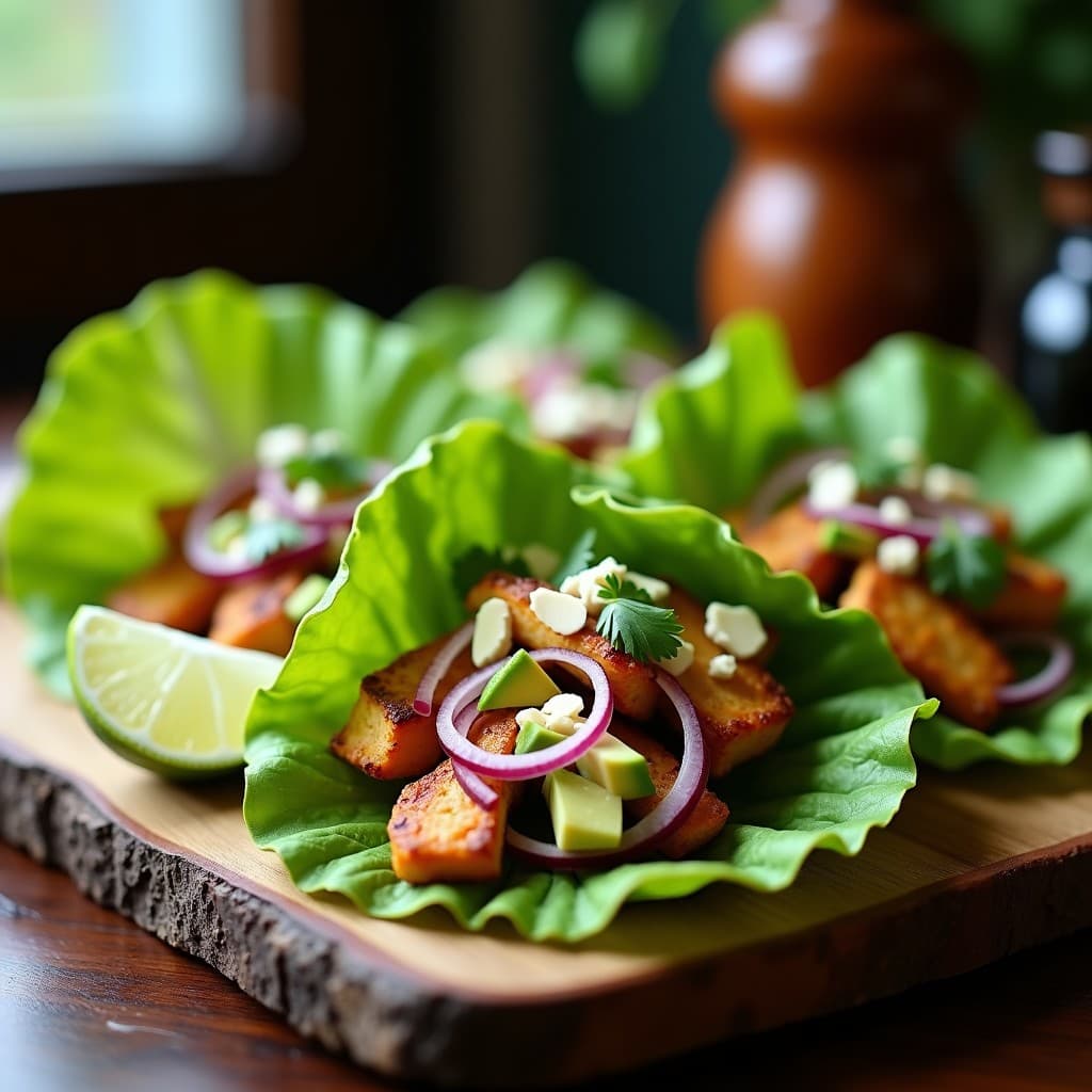 Rollitos de lechuga romana rellenos de pollo dorado al ají panca, aguacate en cubos, cebolla morada y almendras tostadas, servidos en bandeja de madera con cilantro fresco.