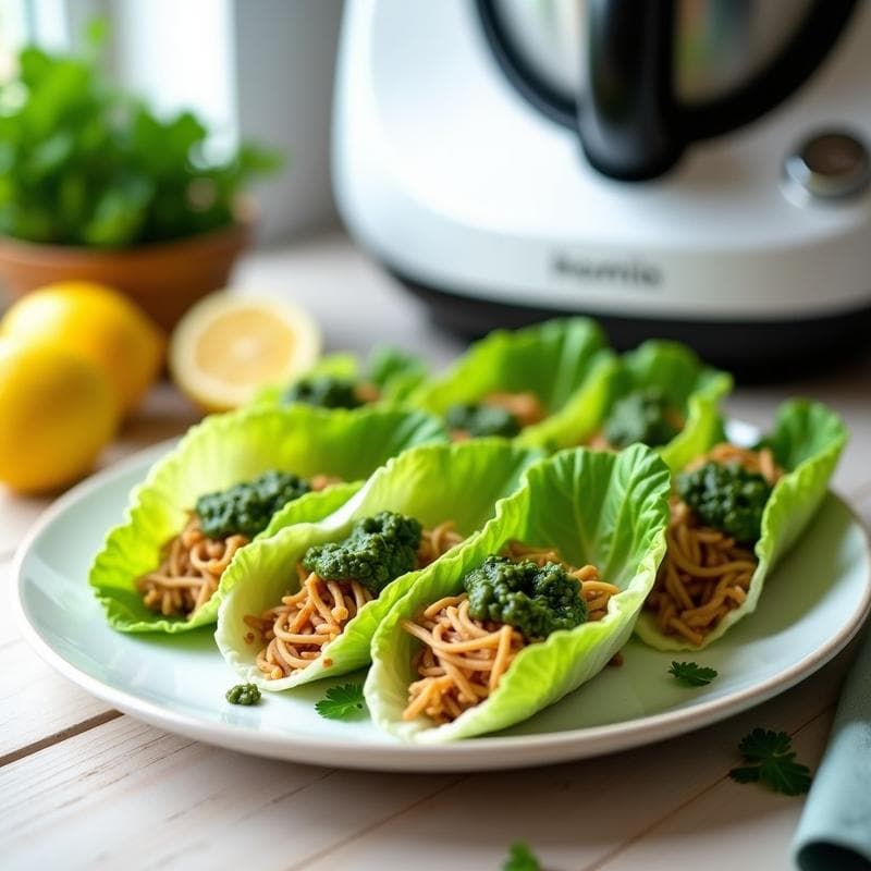 Rollitos de lechuza romana rellenos de pollo desmenuzado y pesto de cilantro, dispuestos en una fuente blanca con decoración de gajos de limón y hojas de cilantro fresco, receta peruana en Thermomix.