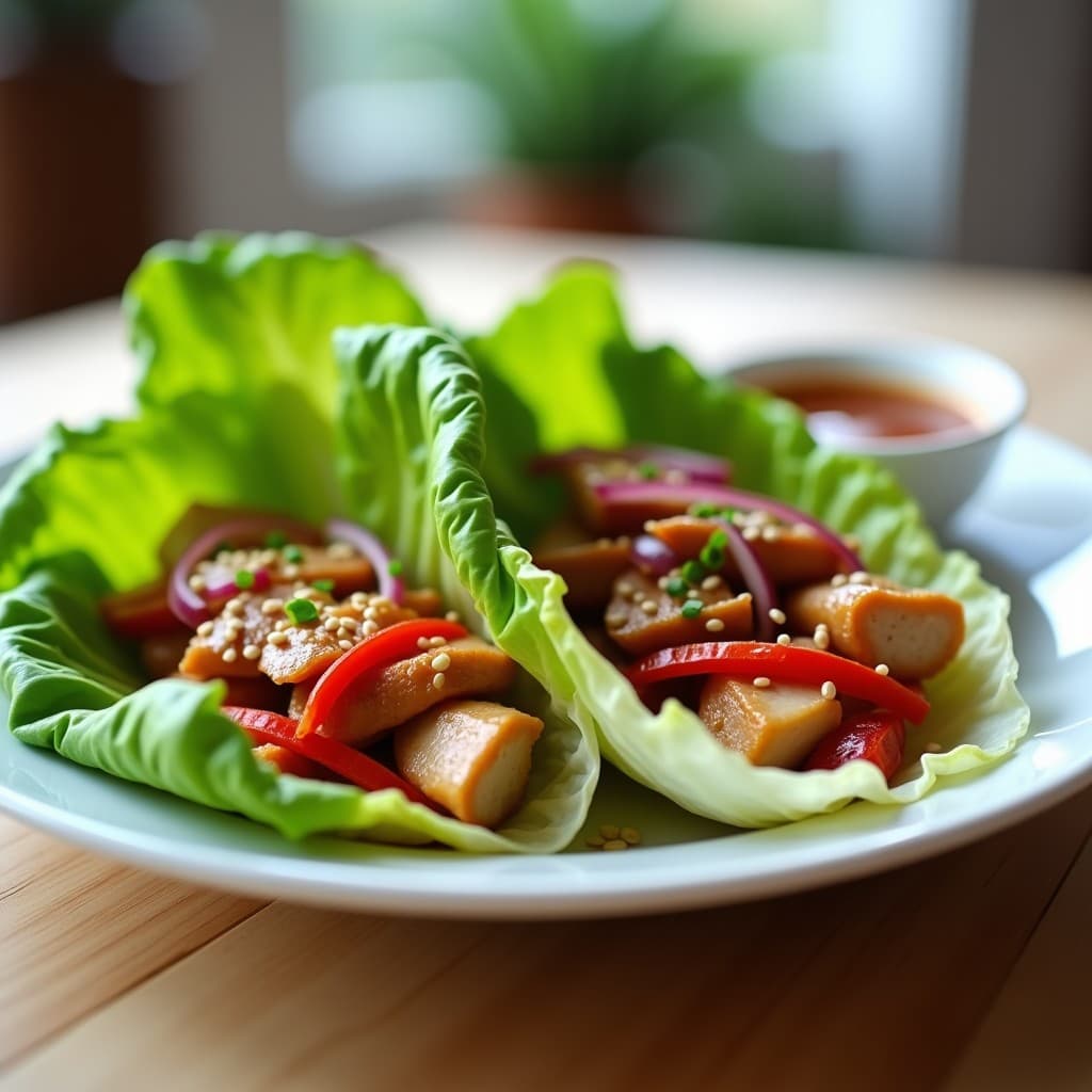 Rollitos de lechuga romana fresca rellenos de pollo teriyaki glaseado, cebolla morada, pimiento rojo y semillas de sésamo tostado, servidos en plato blanco con salsa teriyaki al lado. Receta ligera en 15 minutos.