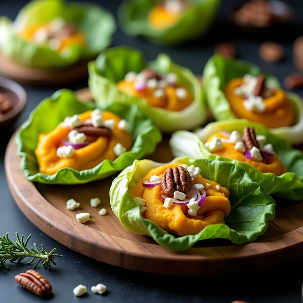 Rollitos de lechuga romana fresca rellenos de puré de calabaza asada cremoso y queso azul irlandés desmenuzado, decorados con nueces pecanas tostadas y servidos en bandeja de madera rústica, entrante irlandés keto elegante.