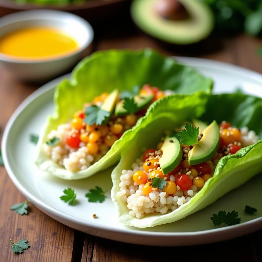 Plato blanco con rollitos de lechuga romana rellenos de quinoa y ceviche de palmito, decorados con aguacate y semillas de sésamo, acompañados de leche de tigre en un bol pequeño. Receta peruana light, fresca y colorida.