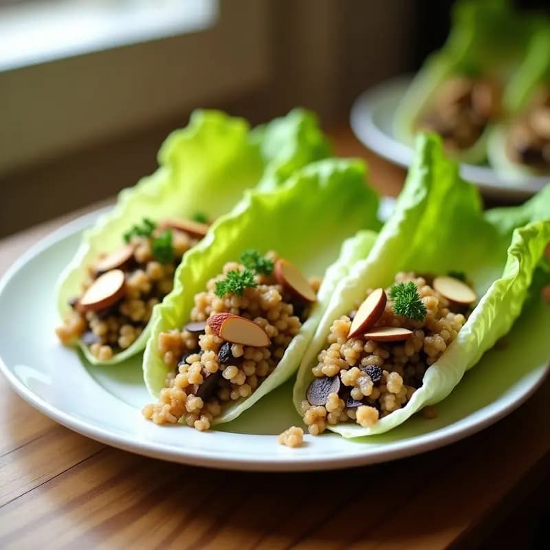 Rollitos de lechuga iceberg rellenos de quinoa y champiñones salteados, decorados con almendras fileteadas y perejil fresco. Plato vegano sin gluten servido en fuente blanca sobre fondo rústico.