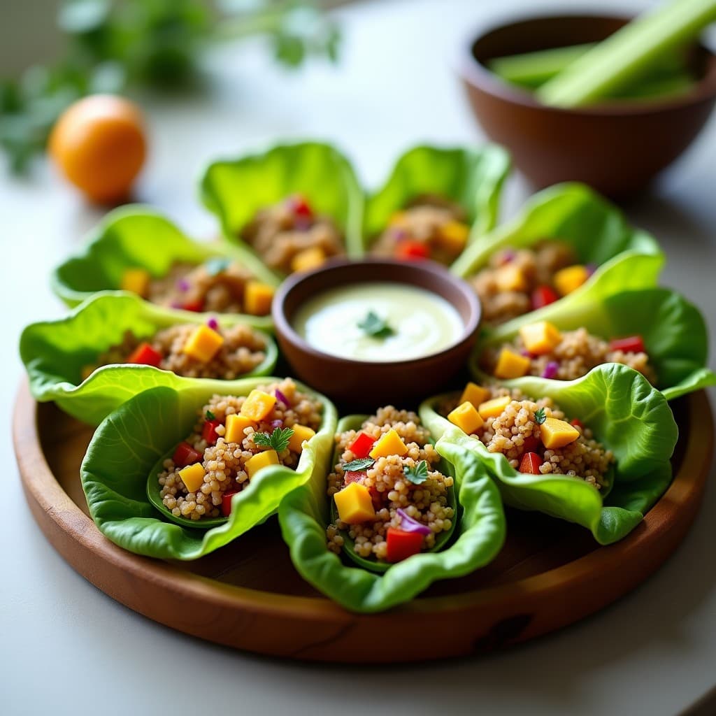 Rollitos de lechuga romana rellenos de quinoa, mango y pimiento rojo, dispuestos en bandeja de madera con aderezo de cilantro y semillas de sésamo, acompañados de bastones de apio.