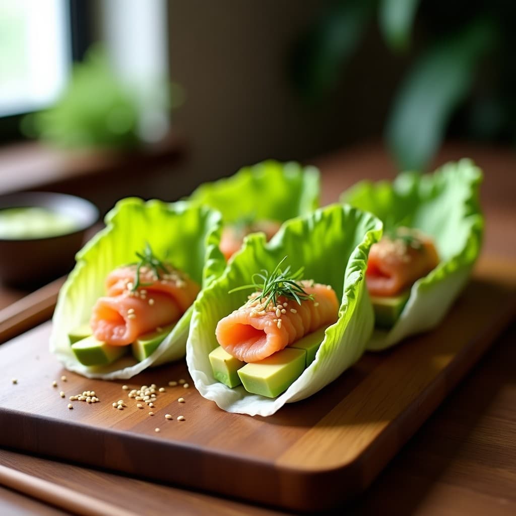Rollitos de lechuga romaine fresca rellenos de láminas de aguacate cremoso y salmón rosado, espolvoreados con semillas de sésamo tostadas y cebollino. Plato servido en bandeja de madera con crema de wasabi al lado, receta keto con toque japonés.