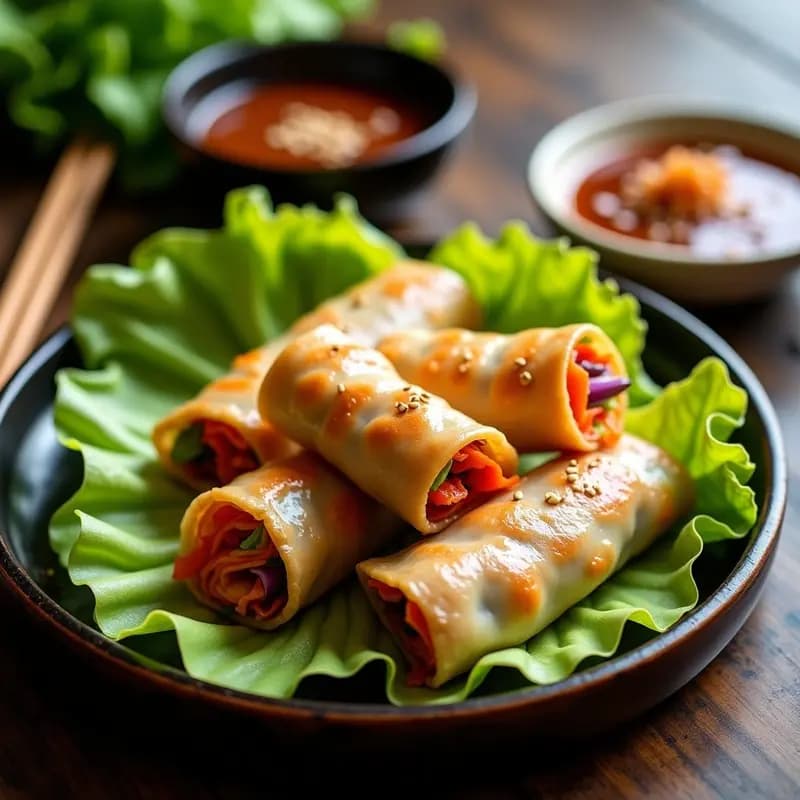 Rollitos de lechuga con salsa hoisin vegana sobre una bandeja de bambú, dorados y crujientes, acompañados de un bol pequeño con salsa espesa y semillas de sésamo. Plato tradicional chino sin freír, ideal para Año Nuevo.