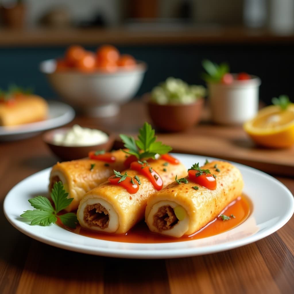 Rollitos de lechuga romana rellenos de tempeh dorado y espárragos trigueros, servidos en plato de madera con salsa de soja y cilantro fresco. Receta indonesia vegana al vapor.