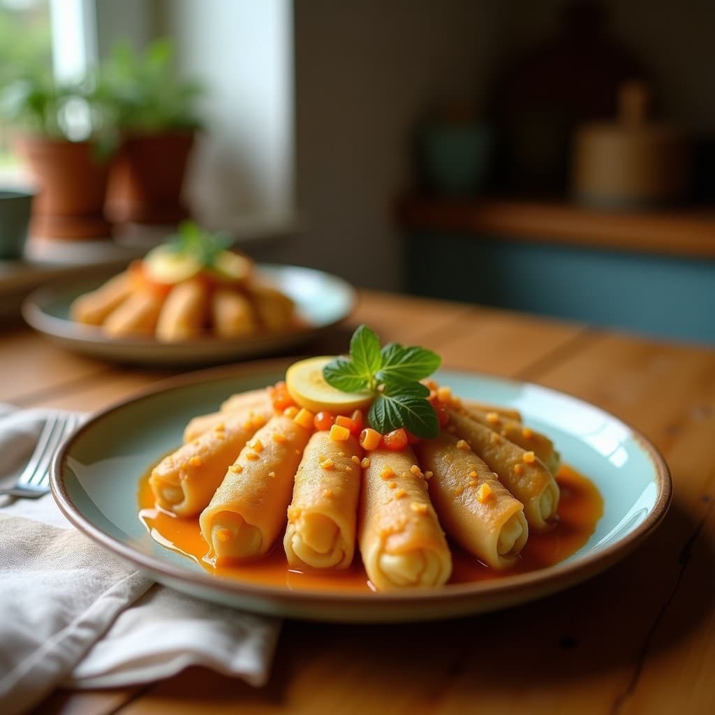 Rollitos de lechuga romana rellenos de tofu desmenuzado y manzana verde, decorados con semillas de sésamo negro y blanco sobre una bandeja de madera con hojas de menta fresca. Aperitivo crudivegano colorido y fresco.