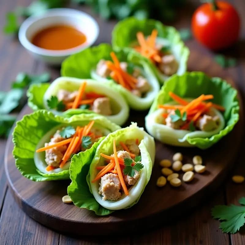 Rollitos de lechuja rellenos de atún y huevo duro sobre una bandeja de madera oscura, con hojas verdes de cilantro y menta fresca. Acompañados de salsa de pescado vietnamita en un cuenco pequeño. Receta sin gluten y alta en proteína.