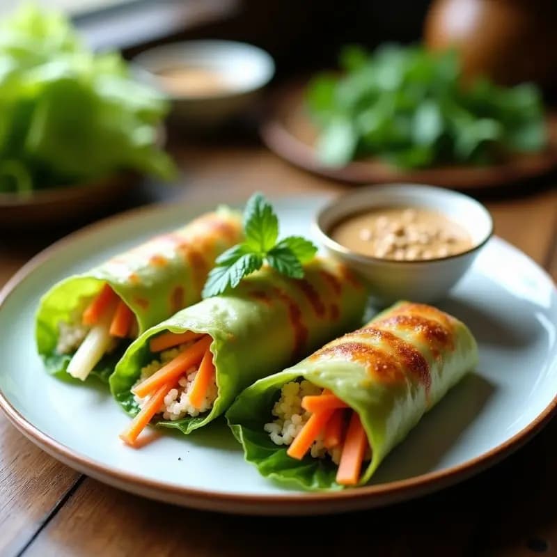 Plato blanco con rollitos de lechuza vietnamita cortados por la mitad, mostrando capas de tofu dorado, zanahoria, pepino y hierbas frescas, acompañados de salsa de tamarindo y cacahuete en un bol pequeño. Fondos de hojas de menta y cilantro dispersas.