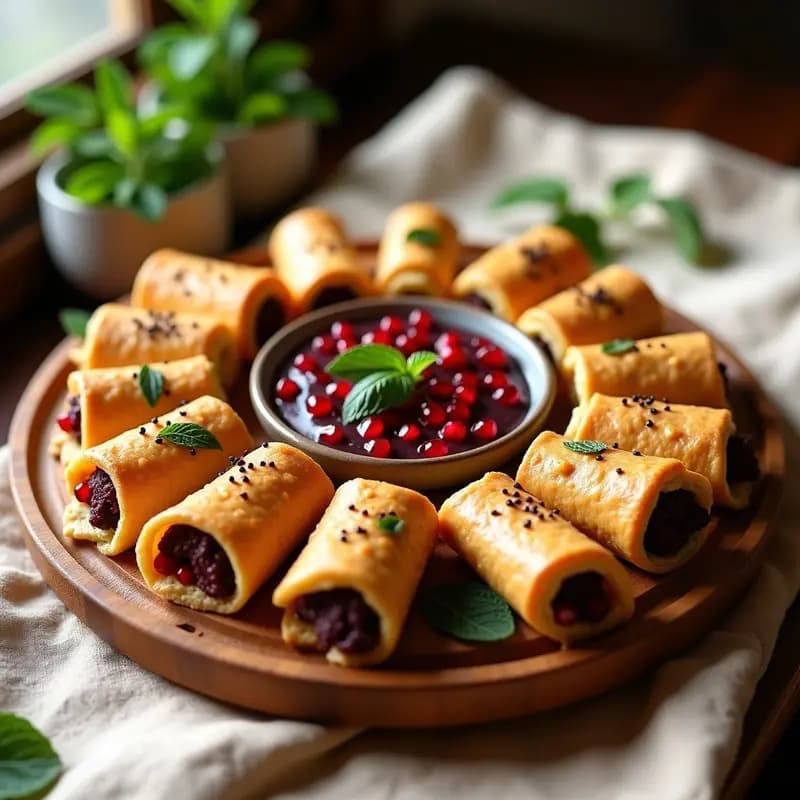 Rollitos de lino dorado rellenos de paté de berenjena asada cremoso, decorados con semillas de granada rojas y almendras fileteadas, servidos en un plato blanco sobre fondo rústico. Aperitivo armenio vegano y crudivegano.