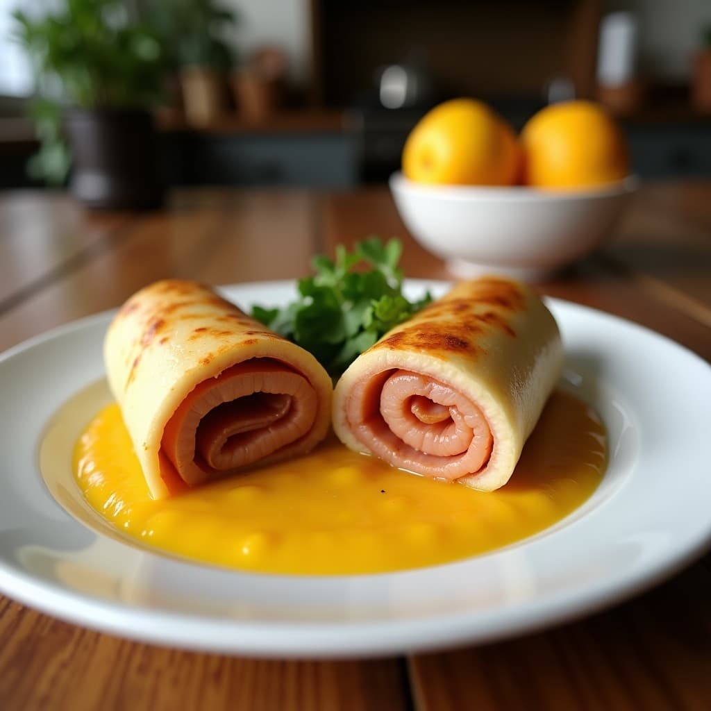 Rollitos de lomo de cerdo dorados y crujientes en airfryer, servidos sobre un puré cremoso de manzana y canela, con un toque de miel y nueces picadas. Plato portugués elegante y apetitoso.