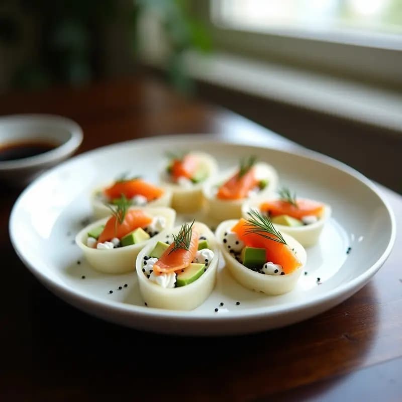 Plato blanco con rollitos de nabo daikon finamente cortados, rellenos de salmón ahumado rosado, aguacate verde y crema de queso, decorados con semillas de sésamo y eneldo fresco. Entrante japonés sin gluten sobre fondo de madera oscura.