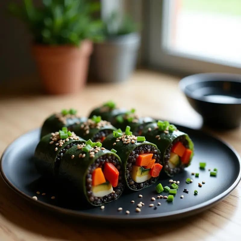 Rollitos de alga nori rellenos de arroz salvaje y champiñones al vapor, cortados en porciones y servidos en un plato de cerámica negra con semillas de sésamo negro espolvoreadas. Aperitivo japonés vegano elegante.