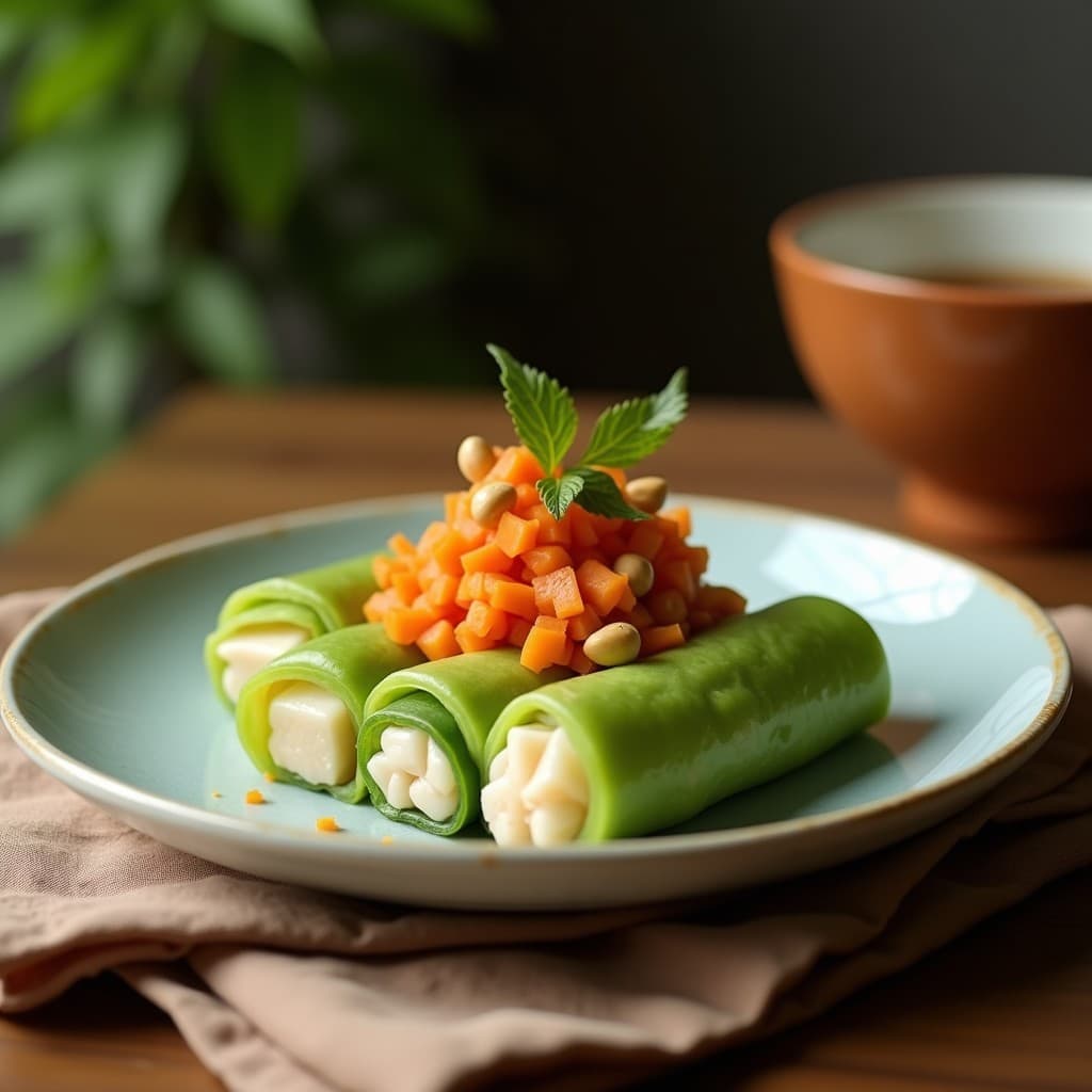 Rollitos tailandeses de papel de arroz rellenos de ensalada de papaya verde, carrotilla, zanahoria y cacahuetes, cortados por la mitad para mostrar su interior colorido y crunchy, servidos en un plato de cerámica blanca con semillas de sésamo negro y cacahuetes enteros como decoración.