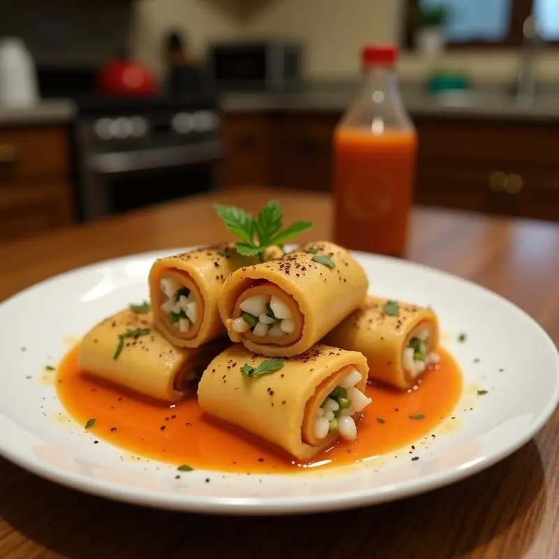 Plato blanco con rollitos de papel de arroz cortados por la mitad, rellenos de lenguado dorado, zanahoria, pepino y lechuga, acompañados de salsa de tamarillo en un bol pequeño. Decorados con cebollino fresco y rodajas de limón.