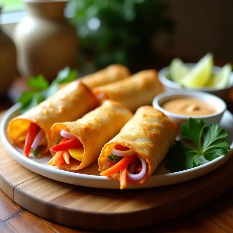 Rollitos de papel de arroz dorados y crujientes rellenos de pollo al satay, mango, zanahoria y pimiento, servidos en una bandeja de madera con salsa satay para mojar y hojas de cilantro fresco.