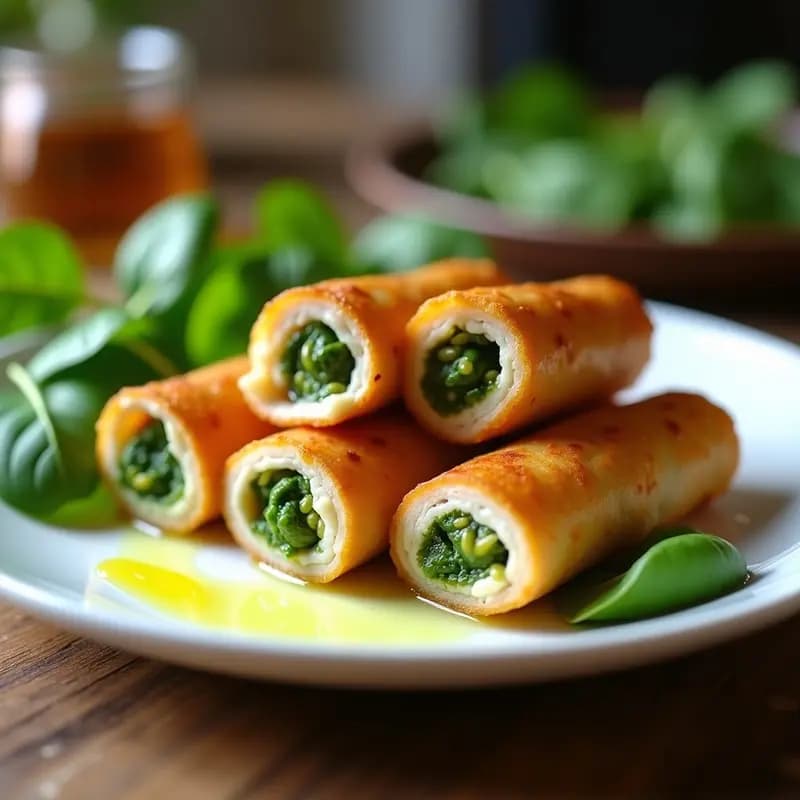 Rollitos de pechuga de pavo dorados y crujientes rellenos de pesto de espinacas verde vibrante, servidos en un plato blanco con un toque de aceite de oliva y hojas de espinaca fresca. Receta keto en Airfryer.