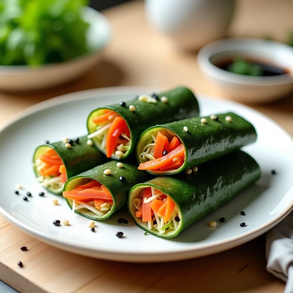 Rollitos de primavera veganos de algas nori con zucchini, pimiento rojo y aguacate, cortados en porciones y servidos en plato blanco con salsa de soja y semillas de sésamo espolvoreadas.