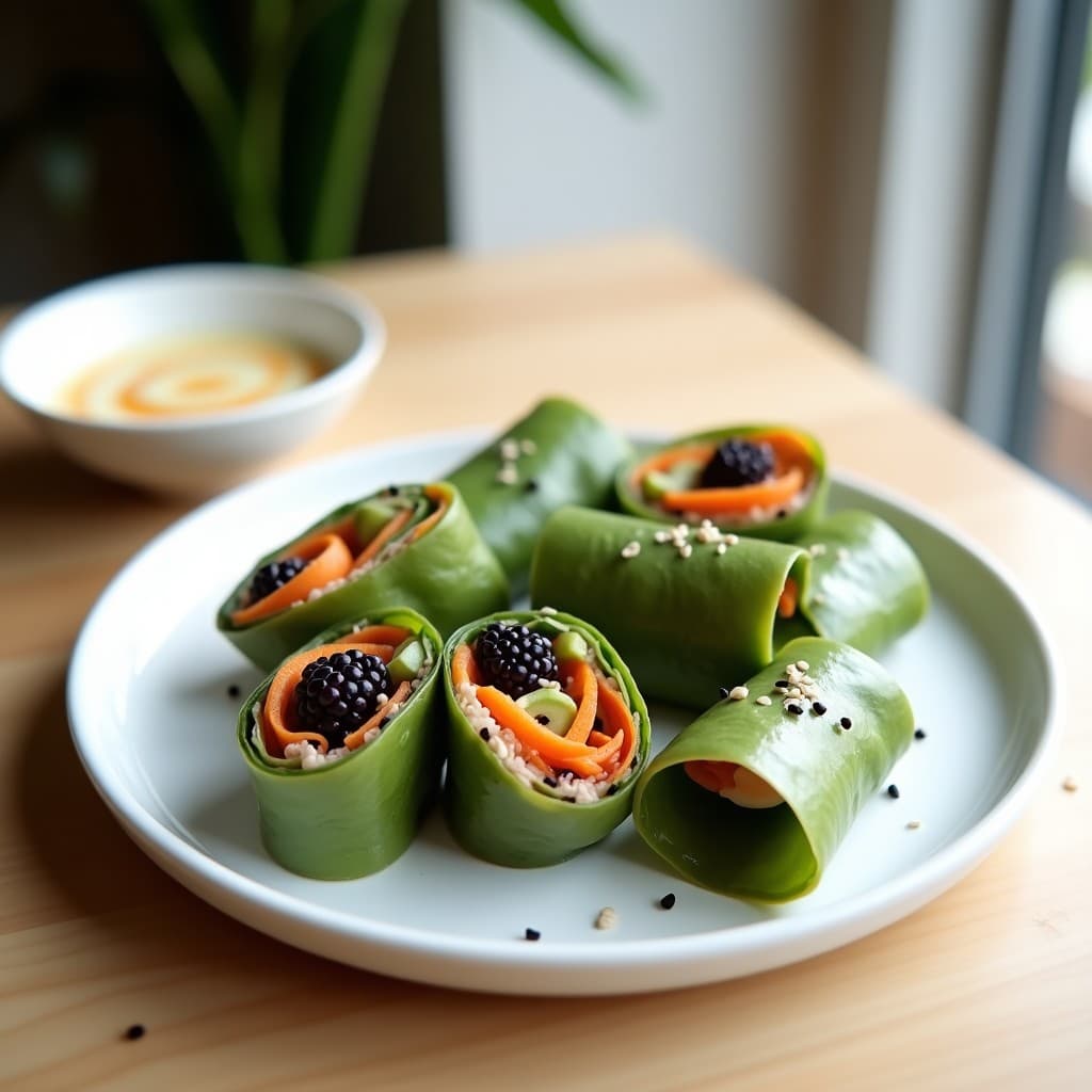 Plato blanco con rollitos de primavera crudiveganos cortados por la mitad, mostrando su relleno de algas wakame verdes, zarzamoras moradas, pepino y zanahoria morada sobre fondo de madera. Acompañados de un bol pequeño con salsa cremosa de tahini y semillas de sésamo negro espolvoreadas.