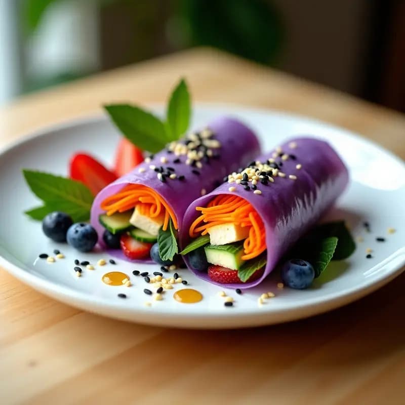 Rollitos de primavera cortados por la mitad mostrando capas de papel de arroz morado, tofu dorado marinado, zanahoria naranja, pepino verde, arándanos azules y fresas rojas, decorados con sésamo blanco y negro sobre un plato blanco con hojas de menta. Receta thai vegana y viral.