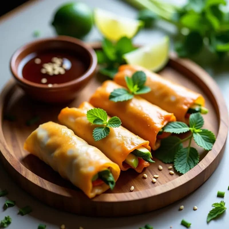 Rollitos de primavera vietnamita keto dorados y crujientes en una fuente de madera, rellenos de calabacín, zanahoria y tofu, acompañados de un bol de salsa hoisin oscura y hierbas frescas.