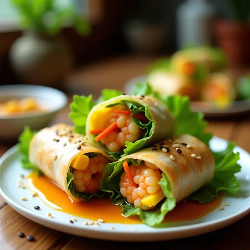 Rollitos de primavera dorados y crujientes rellenos de camarones y mango, servidos en un plato de cerámica negra con salsa de miel y chile. Entrante tailandés con hojas de cilantro y semillas de sésamo.