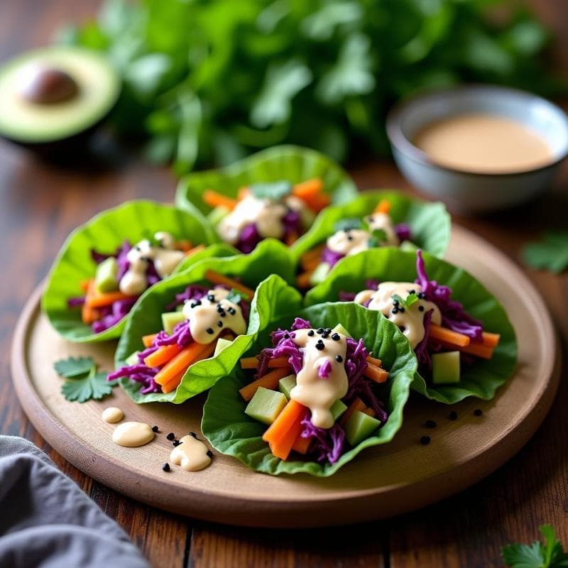 Rollitos de primavera crudiveganos con hojas de lechuga morada rellenos de col morada, aguacate, zanahoria y germinados, bañados en aderezo de miso y limón con semillas de sésamo negro, sobre una tabla de madera rústica.