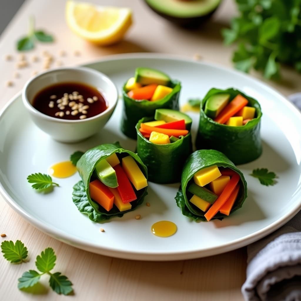 Rollitos de primavera crudiveganos de col rizada rellenos de mango, zanahoria, pimiento y aguacate, servidos en bandeja de madera con salsa de tamari espesa y semillas de sésamo negro.
