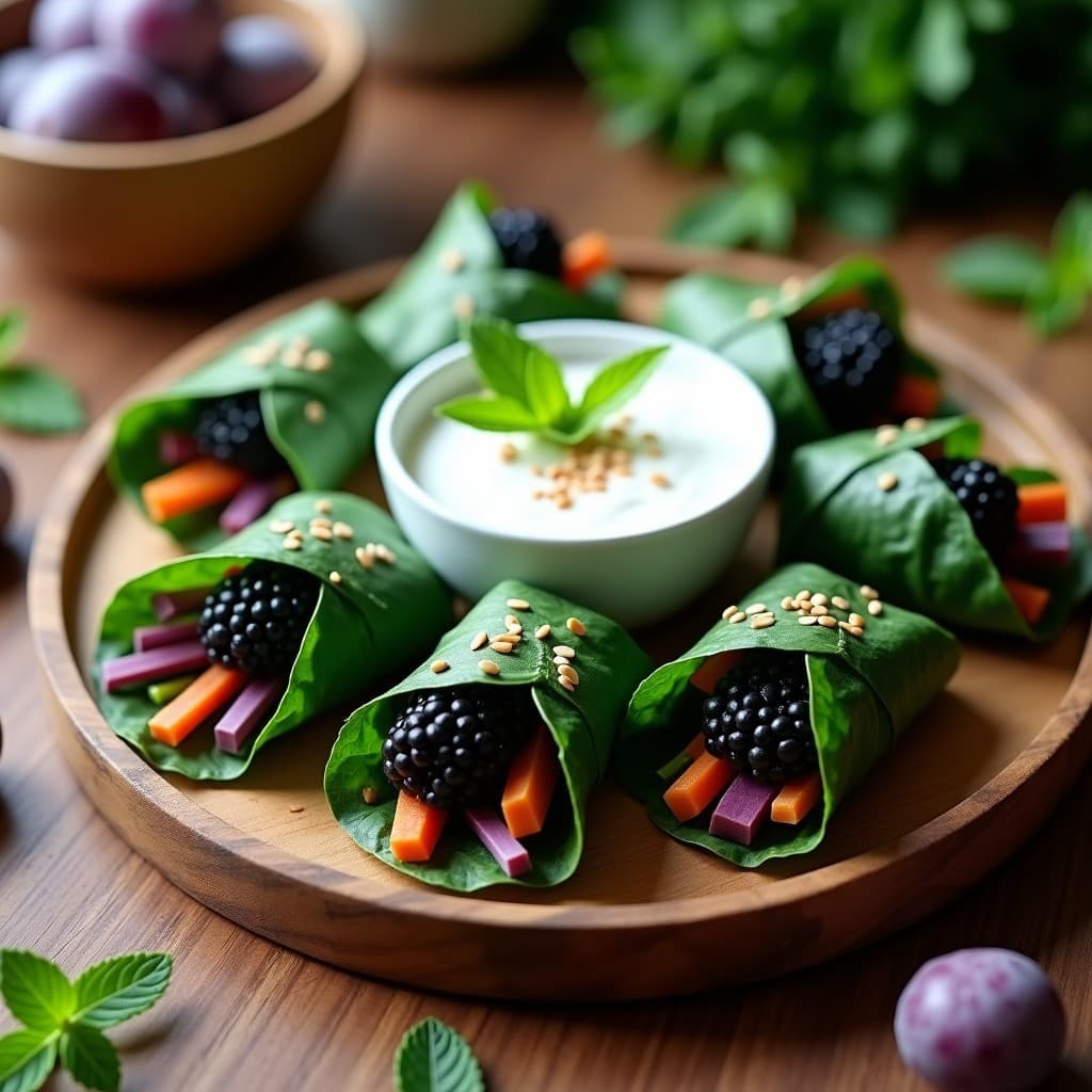Rollitos de primavera de col rizada verde oscuro rellenos de zarzamoras moradas, zanahoria y pepino, servidos en una tabla de madera con salsa de yogur griego cremosa y semillas de sésamo espolvoreadas. Receta crujiente y antioxidante.